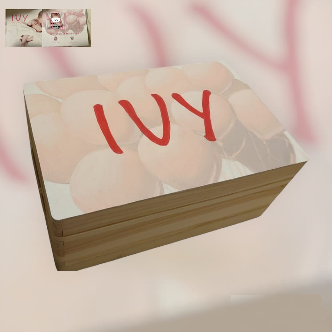 Handgeschilderde memorybox, ontwerp: het geboortekaartje