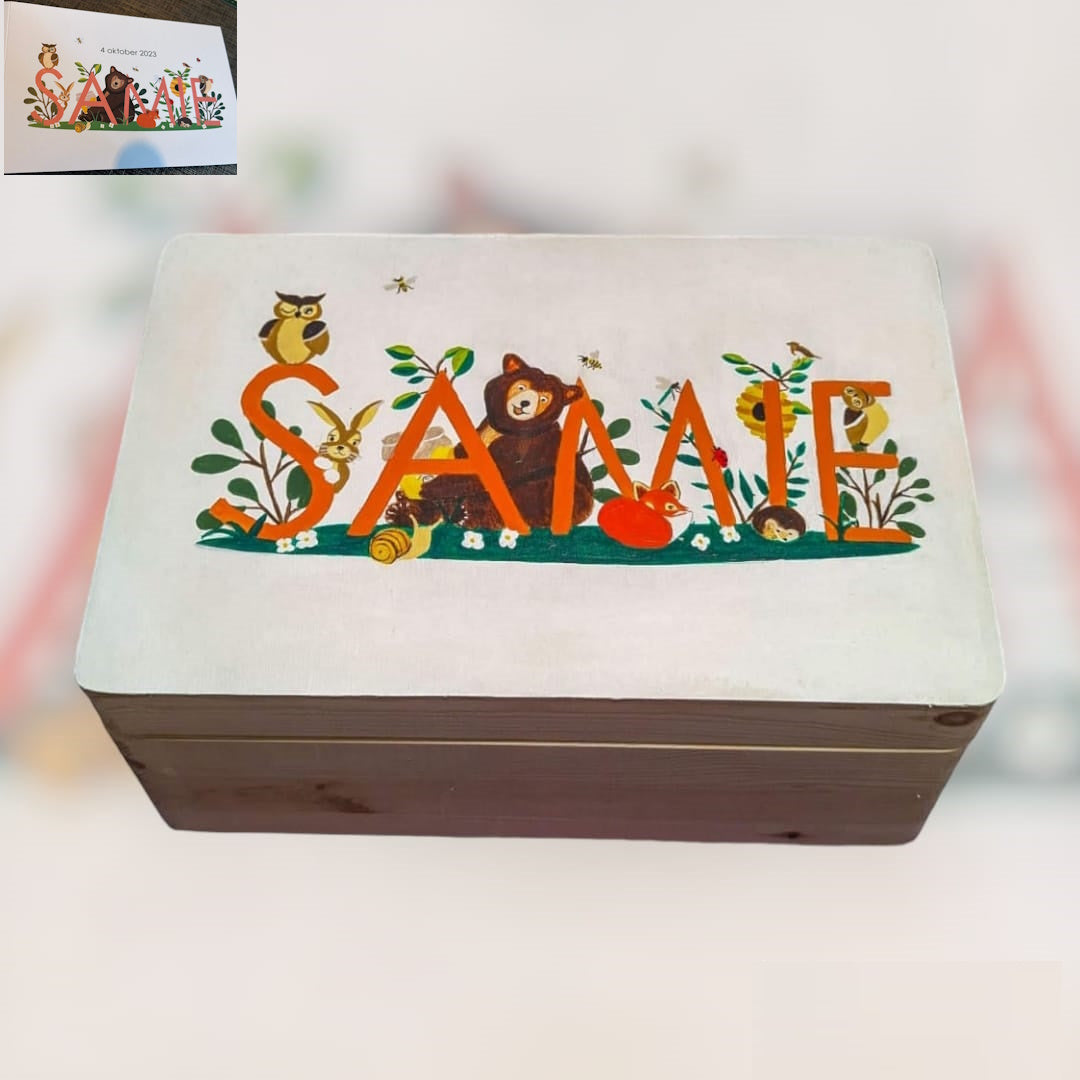 Handgeschilderde memorybox, ontwerp: het geboortekaartje