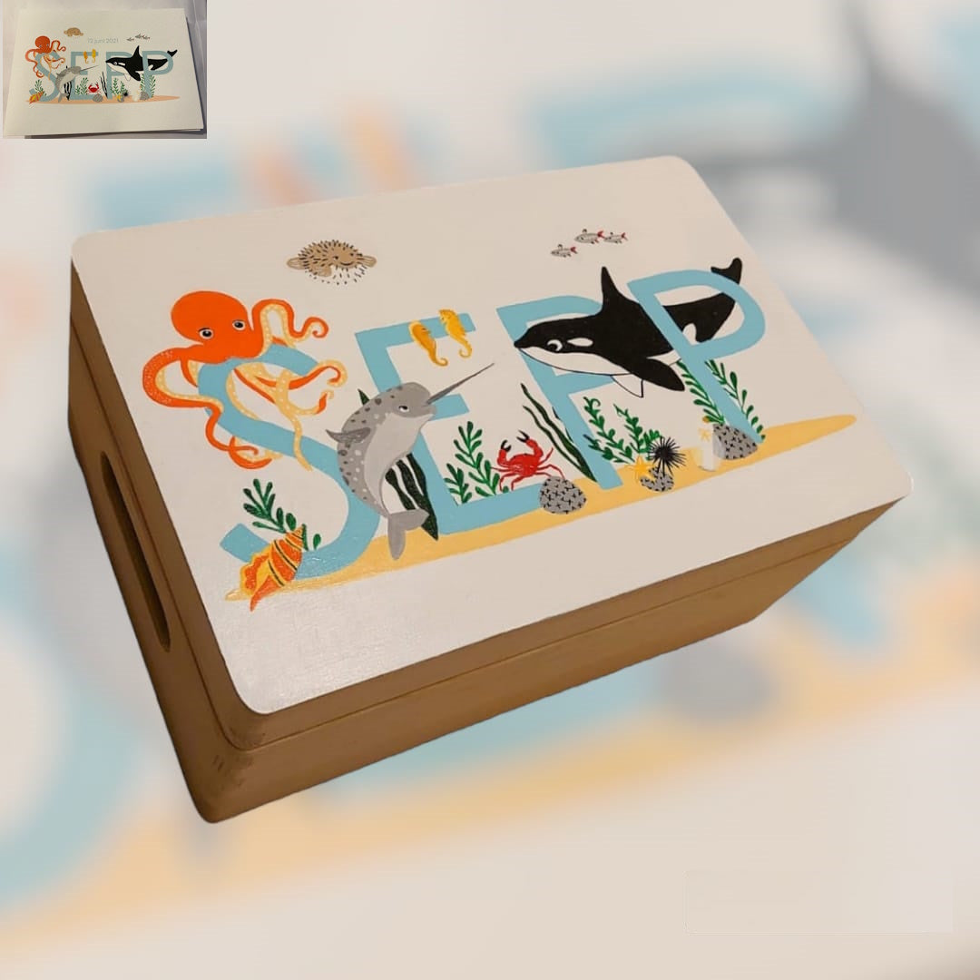 Handgeschilderde memorybox, ontwerp: het geboortekaartje