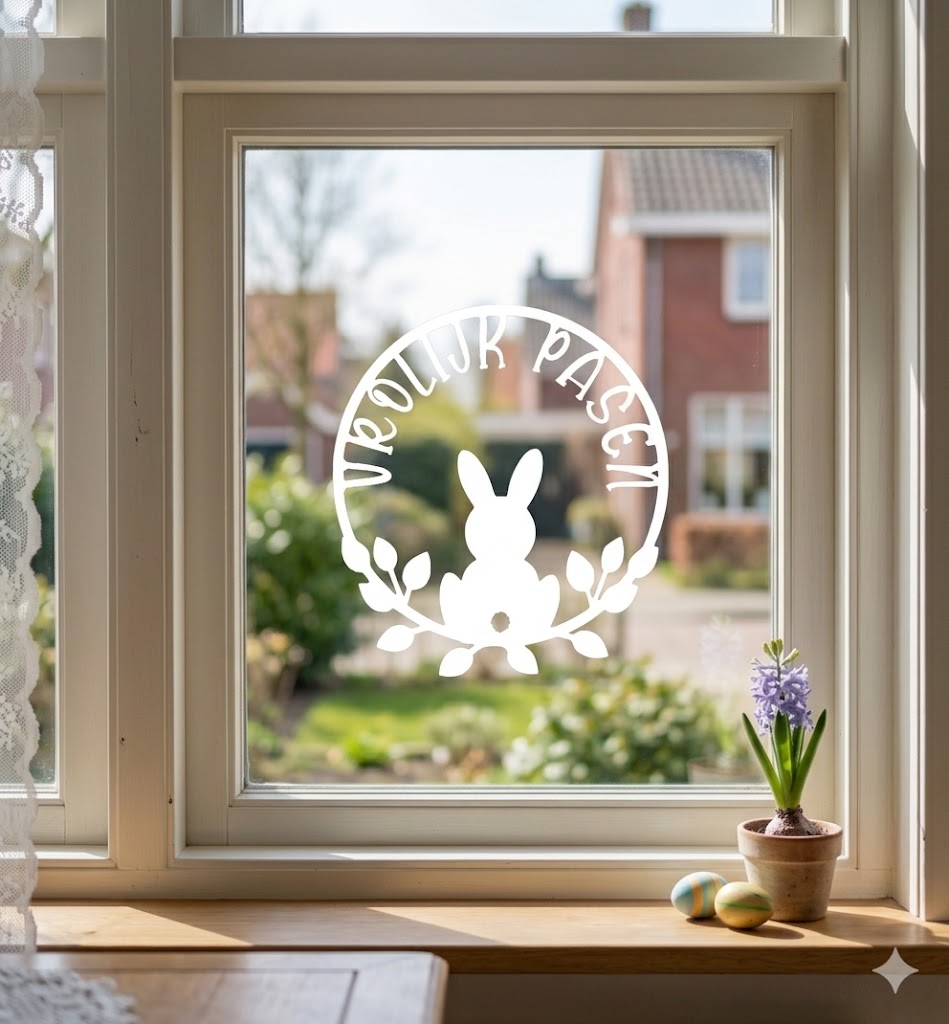 Raamsticker Vrolijk Pasen – Cirkel met Konijntje