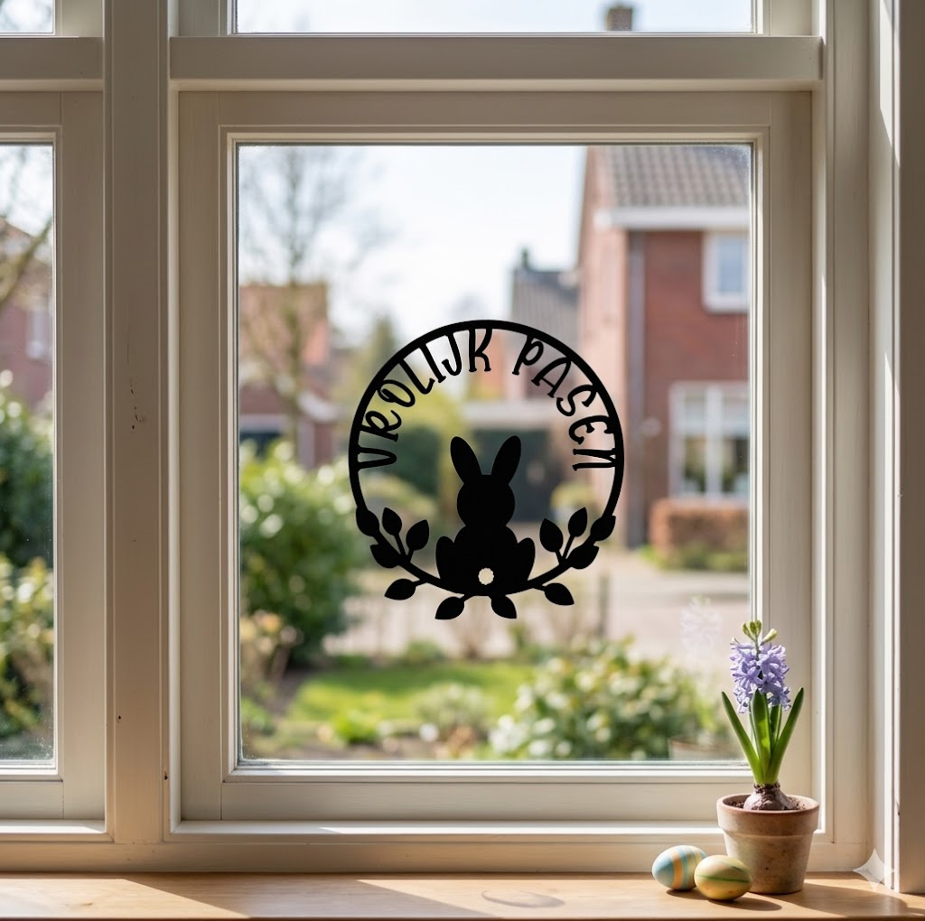 Raamsticker Vrolijk Pasen – Cirkel met Konijntje