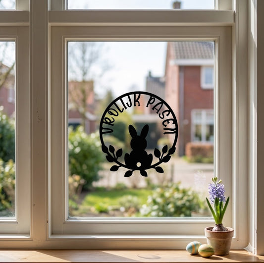 Raamsticker Vrolijk Pasen – Cirkel met Konijntje