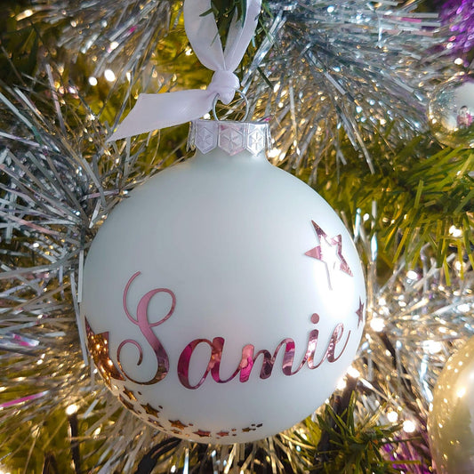 Kerstbal met naam (glas) wit