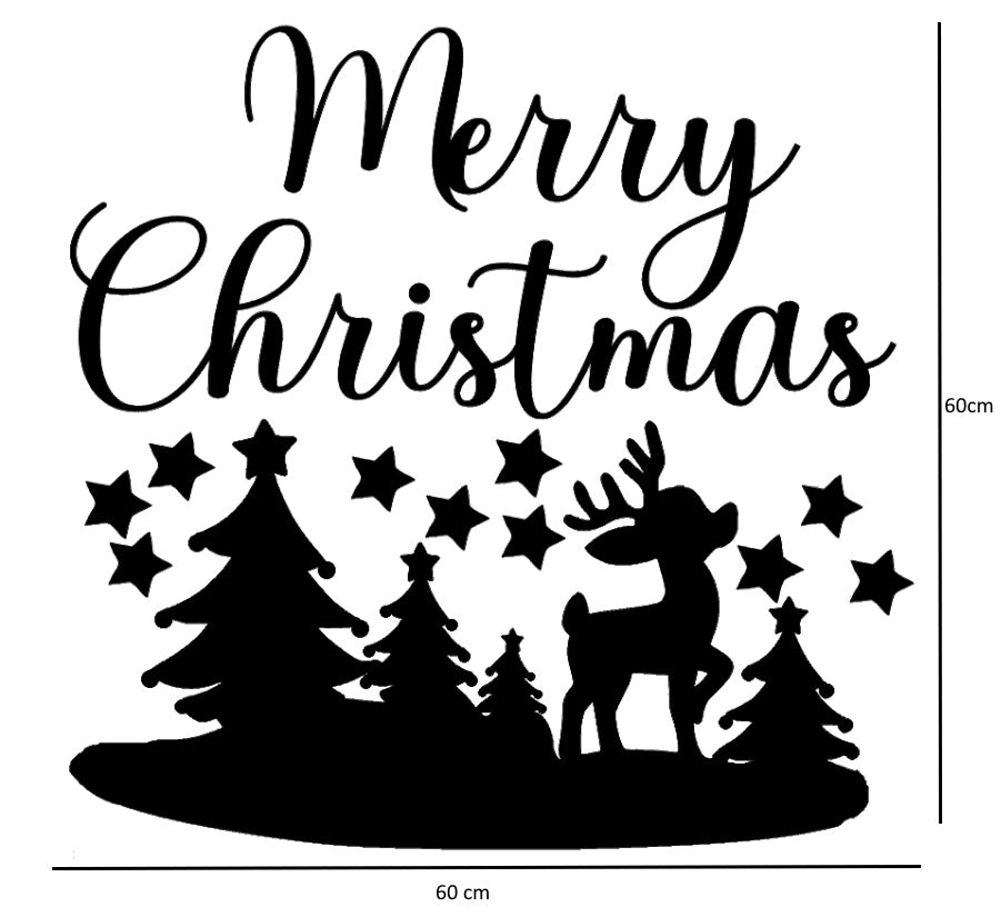 Statische Kerst Raamsticker – Merry Christmas met Rendier en Dennenbomen