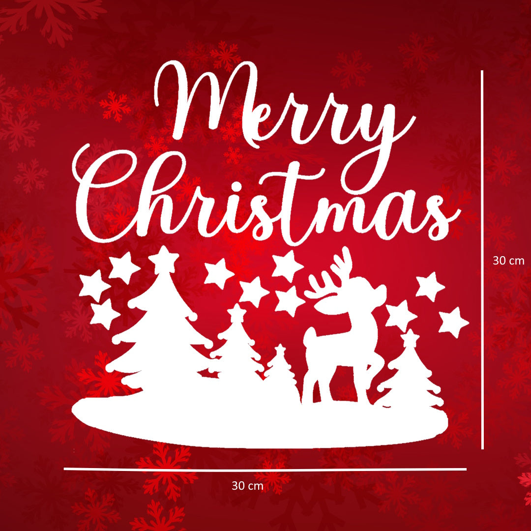 Statische Kerst Raamsticker – Merry Christmas met Rendier en Dennenbomen