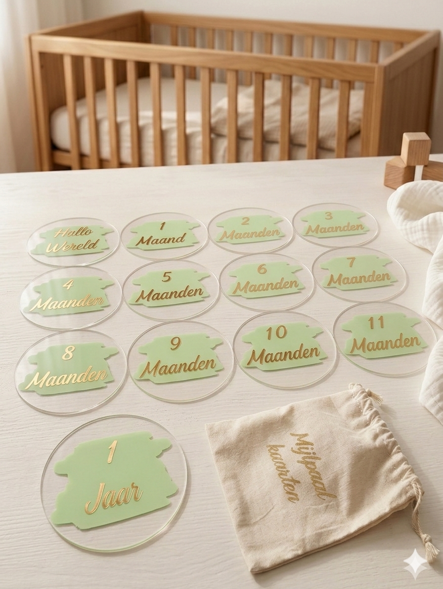 Luxe Acryl Mijlpaalkaarten Baby – 13-delige Set – 10cm – Uniek Kraamcadeau