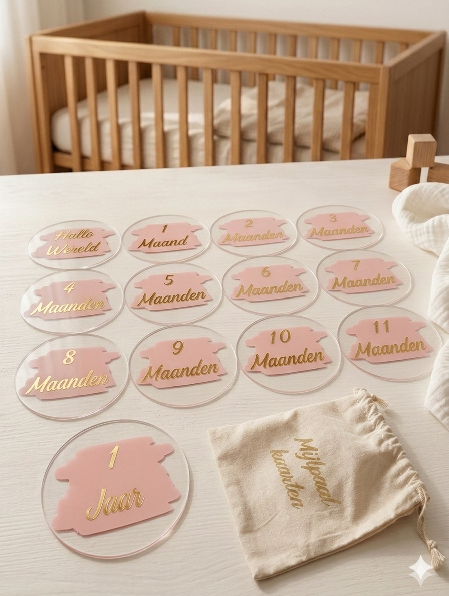 Luxe Acryl Mijlpaalkaarten Baby – 13-delige Set – 10cm – Uniek Kraamcadeau