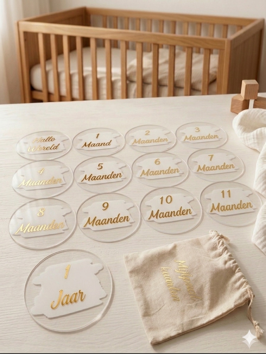 Luxe Acryl Mijlpaalkaarten Baby – 13-delige Set – 10cm – Uniek Kraamcadeau