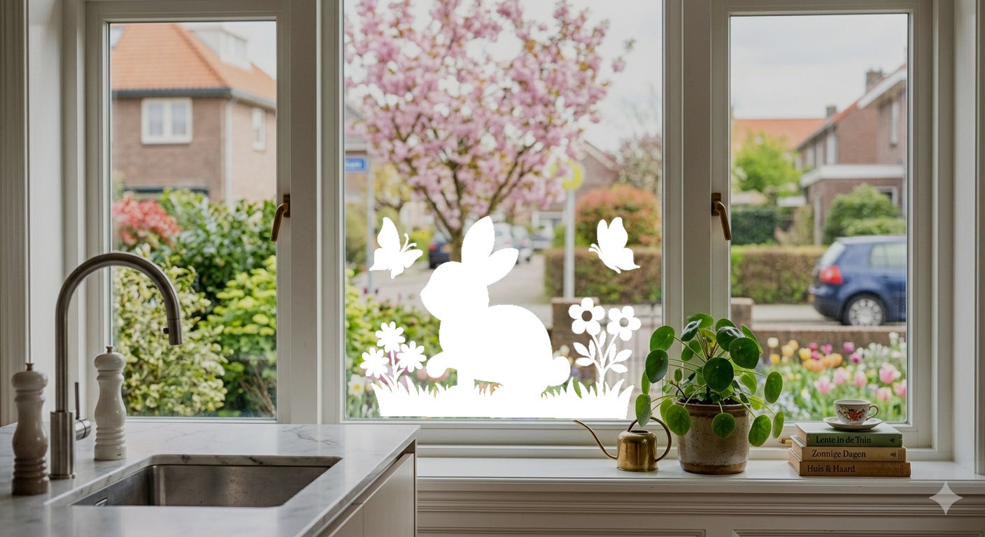 XL Raamsticker Pasen - Konijntje in het Gras met Bloemen & Vlinders - Herbruikbaar Statisch Vinyl