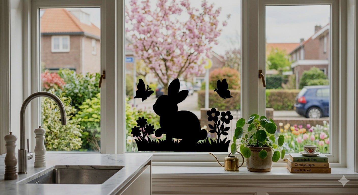 XL Raamsticker Pasen - Konijntje in het Gras met Bloemen & Vlinders - Herbruikbaar Statisch Vinyl