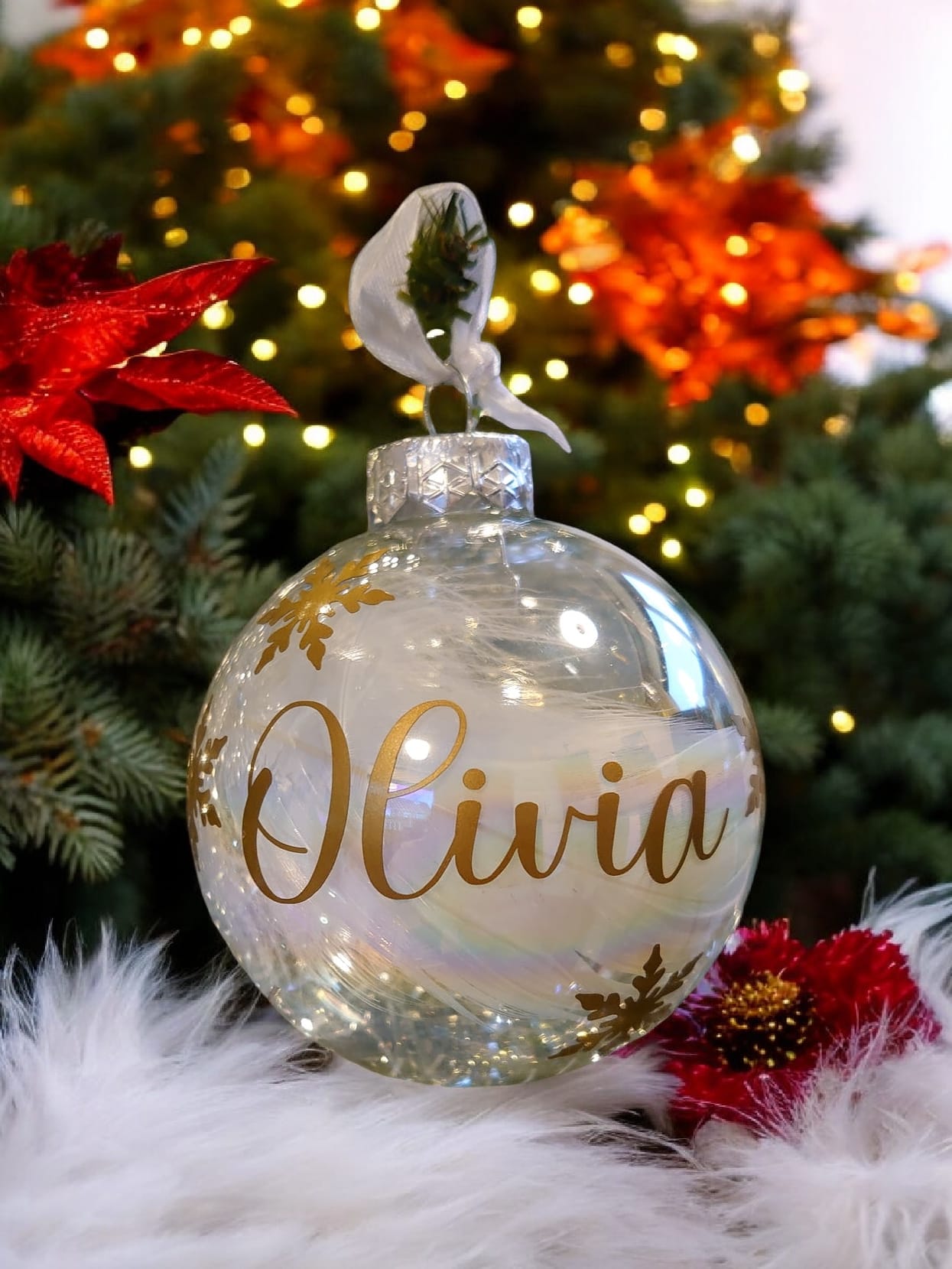 Kerstbal met naam, sneeuwvlokken