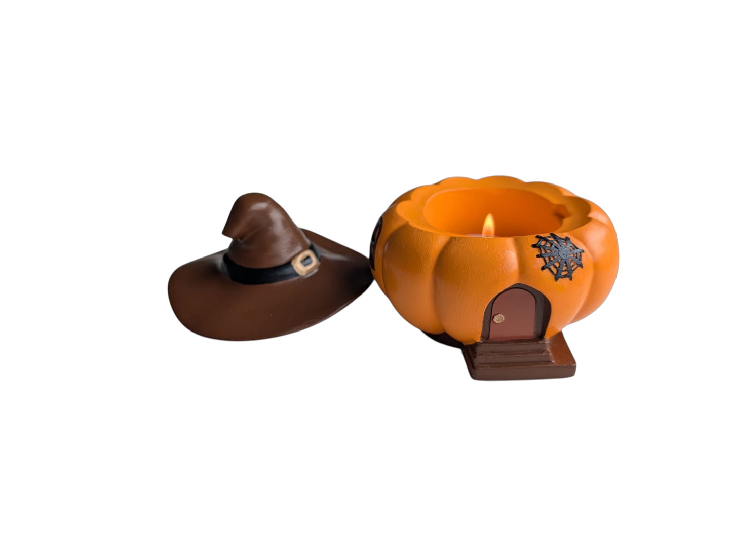 Handgemaakt Pompoen Huisje met Heksenhoed - Magisch Bewaarpotje / Waxinelichthouder – Halloween Decoratie