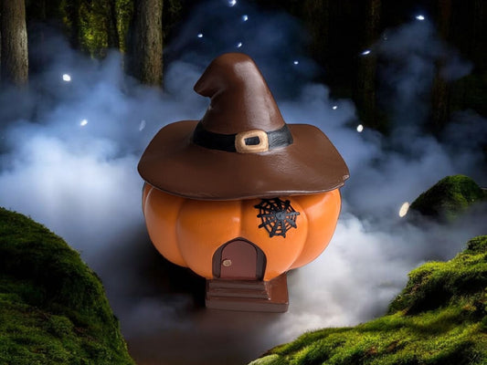 Handgemaakt Pompoen Huisje met Heksenhoed - Magisch Bewaarpotje / Waxinelichthouder – Halloween Decoratie