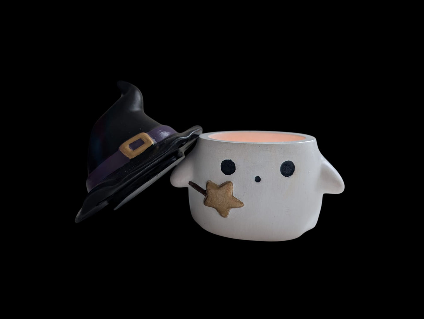 Handgemaakt spookje Potje met Heksenhoed – Magisch Bewaarpotje / Waxinelichthouder – Halloween Decoratie